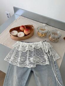 FRIFUL Chân váy mini dáng rộng, màu trơn, thắt eo, chất liệu ren xuyên thấu, xếp lớp, thích hợp cho mùa xuân. - trắng - Xem 8