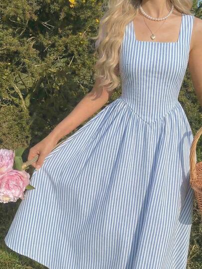Teen Girl Vacation Style Square Neck Sleeveless Blue & White Striped Elegant Sleeveless Mid-Length Dress Vacation, French Style Striped Dress Daisy Dress Picnic Dress Blue And White Dress Tea Party Dress Garden Party Dress
