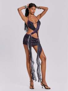 ROMWE Váy hai dây ngắn kiểu dáng Y2K Baddie Vacation với đường viền bèo nhún chéo ở eo và họa tiết trang trí. - Màu tím - Xem 4