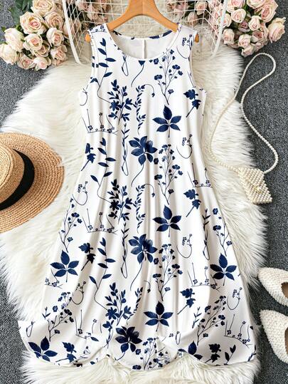 EMERY ROSE 大码女式植物印花圆领无袖宽松休闲连衣裙