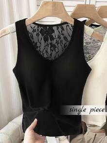 Franclia 女士休闲蕾丝拼接上衣，百搭日常穿搭，春夏款 - 黑色 - 查看 1