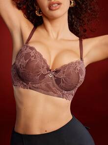 性感法式聚拢钢圈胸罩、内衣 - 咖啡棕 - 查看 3