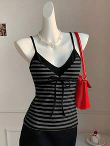Comfortcana 女士黑灰条纹撞色系带吊带背心 – 可爱Y2K复古西部风节日软妹清新夏日瑜伽运动甜美约会休闲居家上学春夏度假 - 彩色 - 查看 3