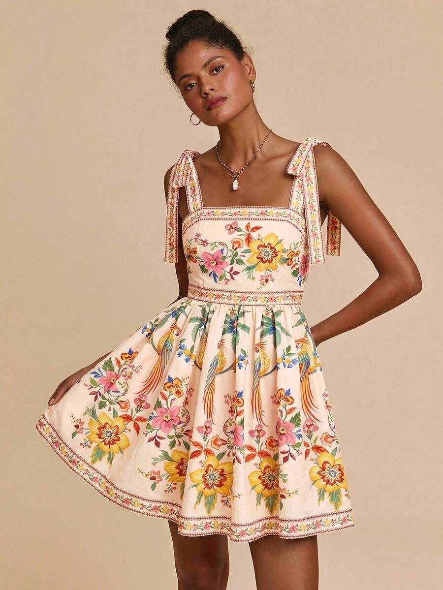 Travachic 女士印花方领无袖系带束腰夏季连衣裙，女士度假装，女士海滩度假装，女士夏季服装，女士夏季连衣裙，女士连衣裙，夏季连衣裙 - 彩色 - 查看 1