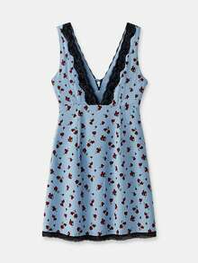 lacRébo 蓝色碎花迷你连衣裙，黑色蕾丝边饰，春夏法式巴黎风情 - 藍色 - 查看 7