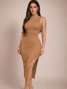 UNITALLA Vestido Midi en Tela Acanalada Sin Mangas con Cuello Alto y Abertura Lateral - Camel - Ver 1