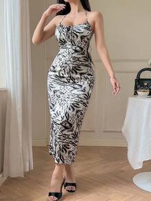 DAZY 女士印花修身系带露背连衣裙 - 黑與白 - 查看 3