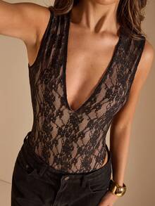 SHEIN BAE 女士黑色蕾丝深V性感无袖连体衣 - 黑色 - 查看 1