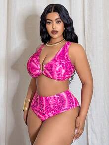 Slaydiva Bộ bikini 3 món cỡ lớn dành cho nữ, họa tiết da báo hồng ngẫu nhiên, thời trang đi nghỉ mát và thường ngày, cổ chữ V sâu, quần lót tam giác cạp cao, váy dài lưới, bộ bikini phụ kiện tròn. - Nhiều màu - Xem 5