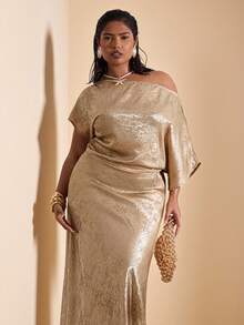 SHEIN BAE Plus Size Autumn/Winter Solid Gold Textured Asymmetric Shoulder Top, Gold Women's Oblique Shoulder Top, Suitable For Nightclub Party, Going Out , Old Money, Work/Office, Business Casual Woman, Office For Women, Valentine's Day - Gold - View 3