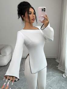 Elenzga 女士优雅白衬衫，黑色滚边，不对称斜领长袖，适合日常外出、约会、派对和聚会等各种场合。 - 白色 - 查看 1