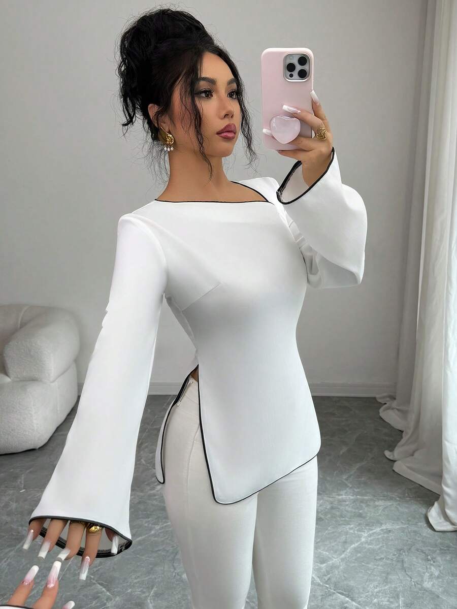 Elenzga 女士优雅白衬衫，黑色滚边，不对称斜领长袖，适合日常外出、约会、派对和聚会等各种场合。 - 白色 - 查看 1