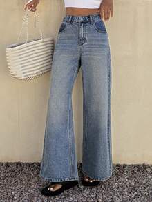 Livesso Women's High Waist Pockets Wide Leg Loose Casual Versatile Jeans - Blue - View 5