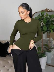 Melissa Matos Bodysuit Wanita Slim Fit Polos untuk Musim Semi, Wanita Bertubuh Mungil - Hijau Tentara - View 4