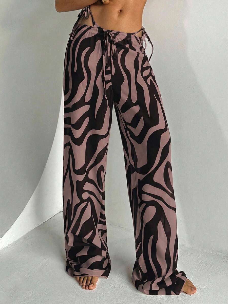 Aloruh 女士新款斑马纹低腰阔腿沙滩裤，长款，女士度假装 - 摩卡棕 - 查看 1