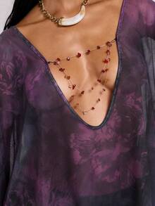 ROMWE Spring/Summer Y2K Sexy Chic Crystal Chain Decor Women's Deep Draped Neck Backless Flare Sleeve Blouse - Purple - View 2