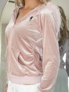 Sydney Algeri Women's Embroidered Velvet Long Sleeve Zip Front Hooded Casual Jacket With Fur Collar, Light Pink Hoodies For Women Zip Up, With - Pink - View 6