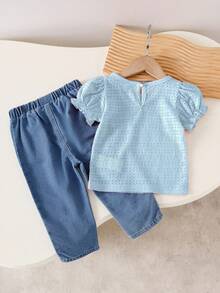 SHEIN Playful Pals 女童夏季韩版可爱撞色大蝴蝶结提花上衣搭配时尚水洗牛仔裤套装，适合外出和休闲穿着 - 藍色 - 查看 2