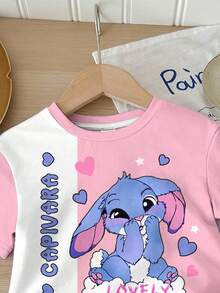 SHEIN Happikins Young Girl Casual Simple Cute Cartoon Blue Rabbit Design Short Sleeve Top And Shorts 2 Pieces Set, Suitable For Summer - Multicolor - View 6