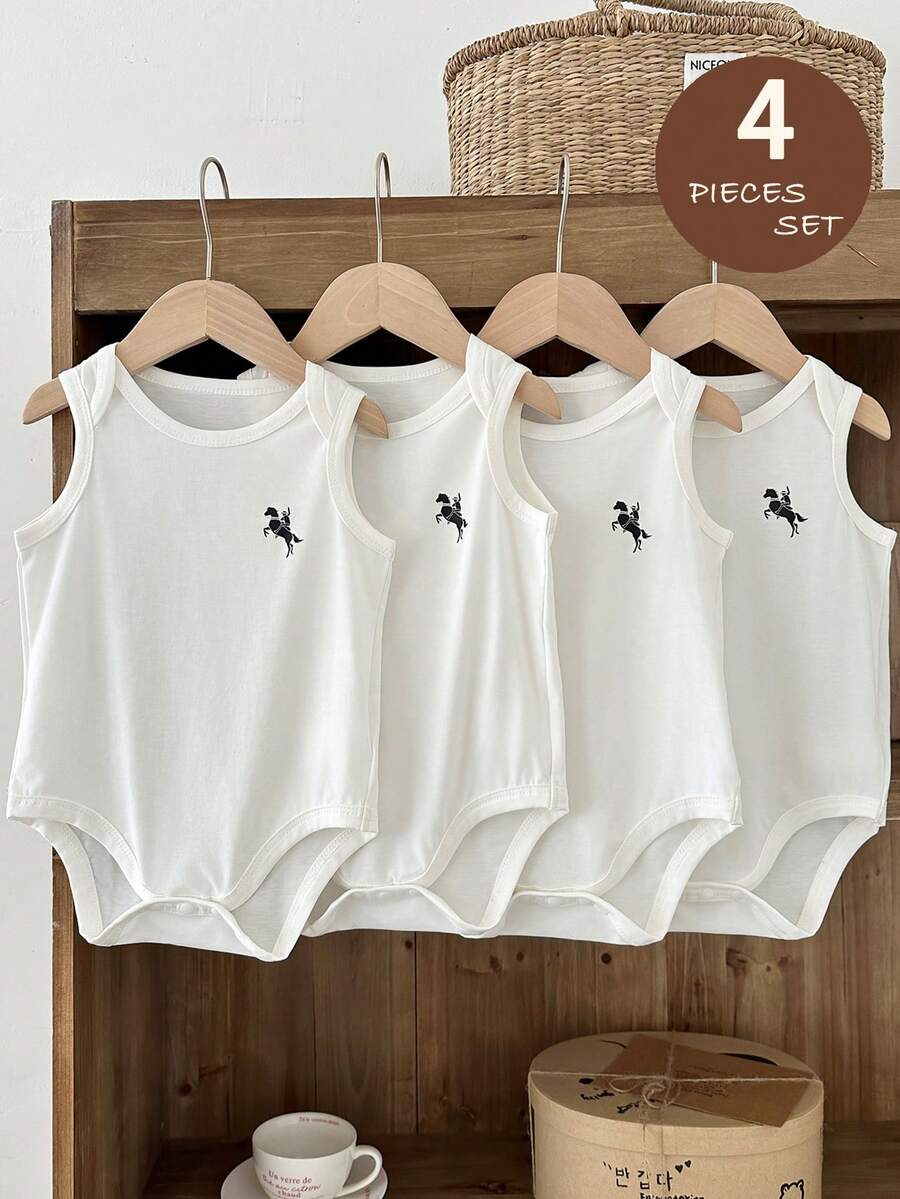4pcs/Set Baby Boy Summer Casual Knight Print Sleeveless Romper - White - View 1