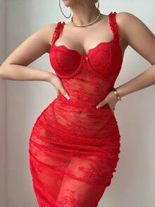 Set de 2 piezas de lencería con vestido de encaje con volantes y tanga para fiesta de vacaciones - Rojo - Ver 5