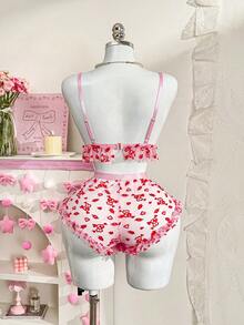 PetitDoll 2pcs Heart-Shaped Lace Wireless Bra Set, Sweet & Sexy - Multicolor - View 2