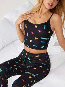 Tetris™ X SHEIN Women's Geometric Print Camisole & Pants Pajama Set - Black - View 8