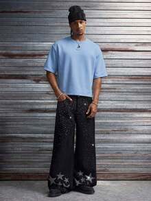 AXEPEAK Men's Casual Loose Short Sleeve T-Shirt, White With Printed Rhinestone Handmade Label, Summer - Sky Blue - View 7