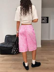 Muchica Women's Leopard Print Drawstring Waist Pocket Casual Versatile Daily Wear Wide Leg Shorts - Pink - View 2