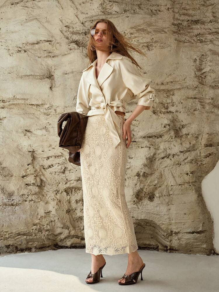 SOLID COLOR HOLLOW-OUT KNITTED WOMEN'S LONG PENCIL SKIRT