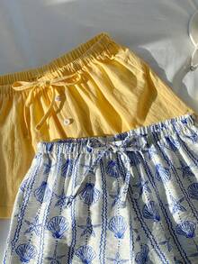 Comfortcana 2条装女士纯棉抽绳腰休闲百搭日常短裤，适合度假、美式休闲、情人节、狂欢节、居家休闲、海滩、夏季假日等场合，春季春假、毕业季、婚礼派对等场合均可穿着，优雅休闲，适合海滩度假、夏季度假等场合。黄色和蓝色海星贝壳图案，柔软亲肤，优雅可爱，性感少女风度假短裤。 - 彩色 - 查看 6