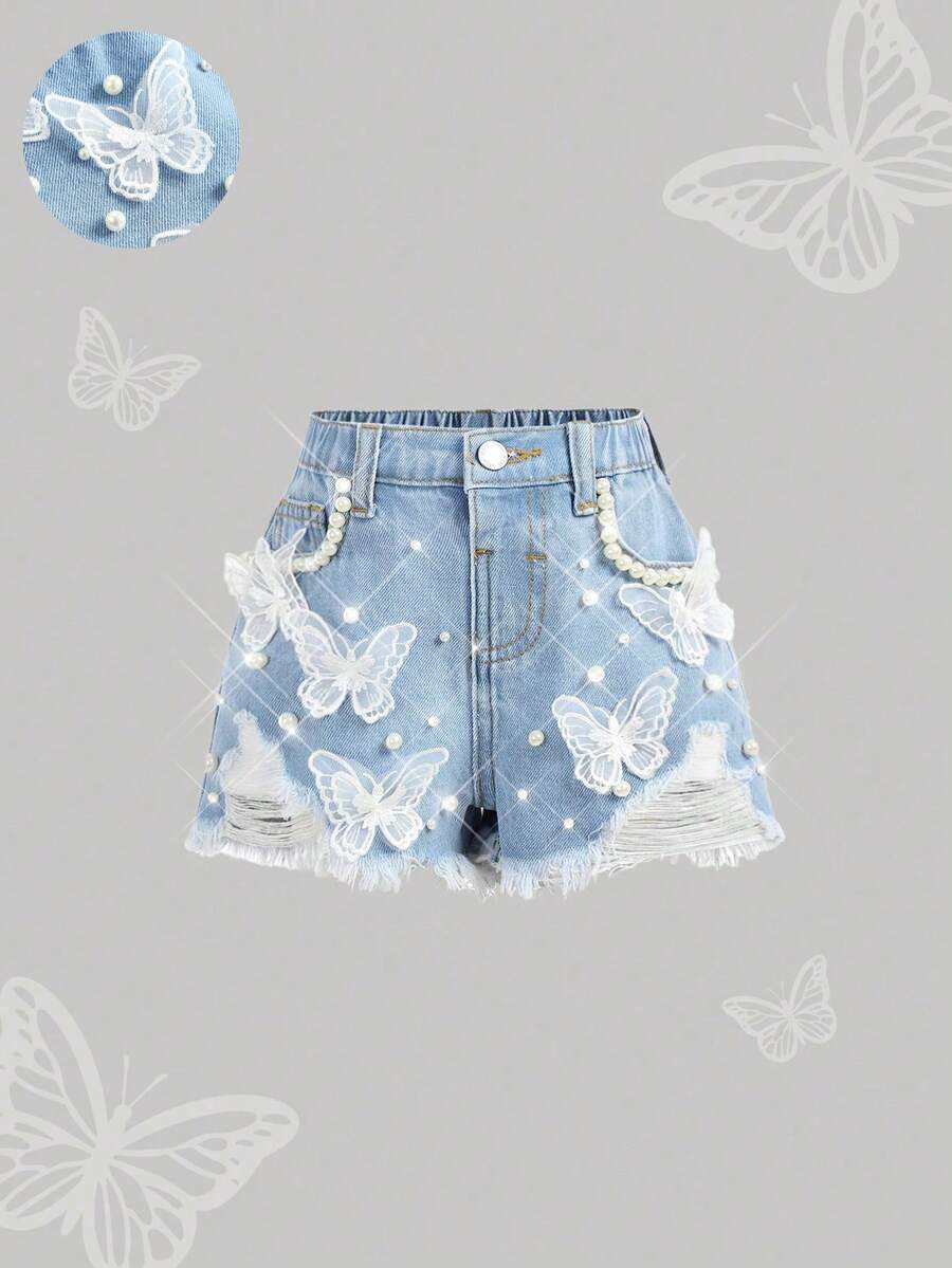 SHEIN Young Girl New Fashion Boho Casual Y2k White Faux Pearl Decor Ribbon Bowknot Light Blue Denim Loose Fit Ripped Jeans Shorts Spring Summer,For Kids Young Girl Spring/Summer Dailywears,Young Girl Streetwears,Young Girl Beach,Vacations For Young Girl,Casual For Young Girl,Toddler Shorts,4-Year-Old Young Girl Shorts ,Summer Shorts,Casual Shorts,Bowknot Shorts - Light Wash - View 1