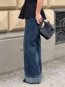 Jeta Ari 女士休闲时尚宽松简约卷边阔腿牛仔裤 - 深色水洗藍 - 查看 5