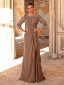 Elegant Luxurious Pearl Beaded, Sequin, Embroidered Mesh & Chiffon A-Line Ruffle Dress, Suitable For Wedding, Party, Holiday, Bridal, Mother Of The Bride, Evening Gown Brown Formal Dress Long Sleeve Formal Dress Elegant Brown Dress Mother Of The Bridal Dress Evening Mother Of Groom Dress Brown Dresses Classy Elegant Brown Wedding Guest Dress Brown Elegant Dress Women Long Sleeve Elegant Dress - Champagne - View 7