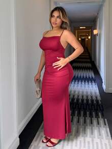 Maria Perezxox 纯色褶饰吊带连衣裙 酒红色 长款女装 - 酒紅色 - 查看 3