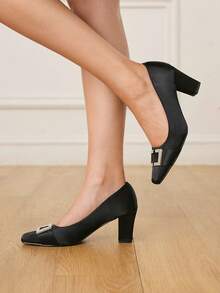 CUCCOO HITCHD French Square Toe High Heel Shoes, New Arrival Chunky Heel Spring/Autumn Mid-Heel Rhinestone Buckle Elegant Pumps Wedding Shoes Spring Shoes Bride Shoes - Black - View 6