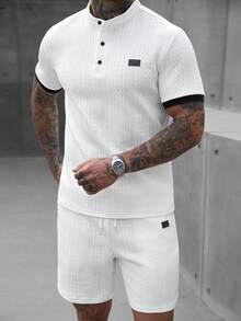 Manfinity Homme Men's White Textured Jacquard Short Sleeve Polo Shirt And Shorts Set,White And Black Summer Streetwear Vacation Button Collared Polo Shirt Set - White - View 5