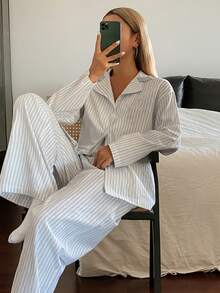 DAZY Lace Patchwork Silver Collar Loose Cardigan Long Sleeve Top & Straight Leg Long Pants Women Pajama Set - White - View 7