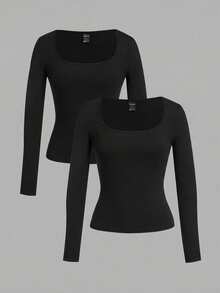 SHEIN EZwear 2件組大尺碼女款方領休閒長袖黑色T恤套裝，百搭春秋冬上衣，修身緊身款 - 黑色 - 查看 1