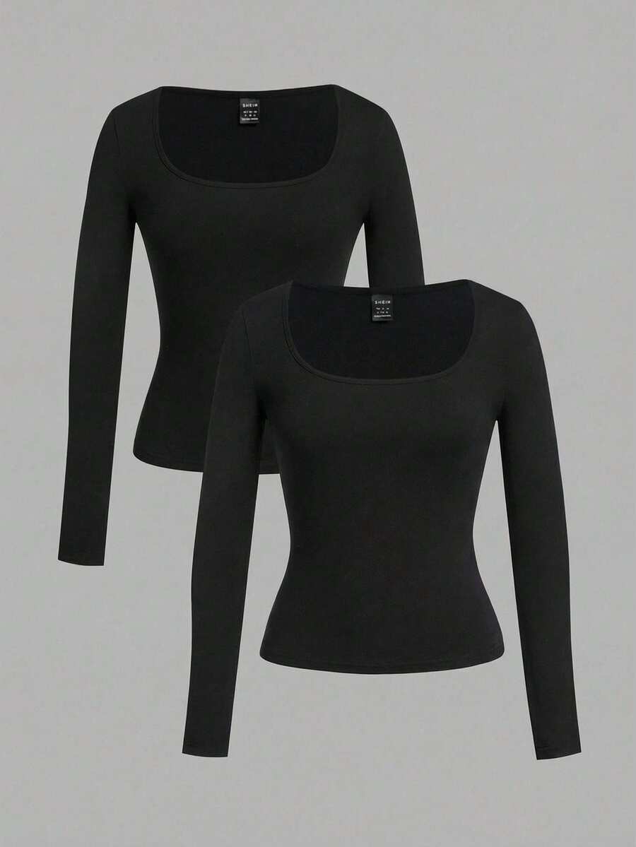 SHEIN EZwear 2件組大尺碼女款方領休閒長袖黑色T恤套裝，百搭春秋冬上衣，修身緊身款 - 黑色 - 查看 1