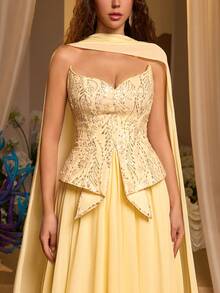 Glamrae Elegante, romántico, de moda y digno vestido de línea A con bustier de tela de gasa amarilla con parches de cuentas, adecuado para fiestas elegantes, bodas, despedidas de soltera y cenas formales - Amarillo - Ver 10