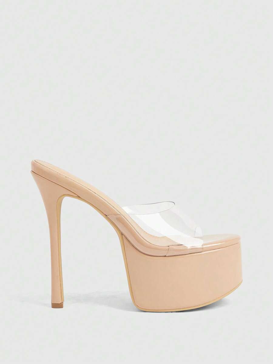 CUCCOO LuxiPop 女士高跟凉鞋，黑色，细跟露趾透明单带防水厚底，时尚简约12厘米性感细高跟，适合约会、夜店派对、春夏、度假，2000年代风格 - 杏色 - 查看 1