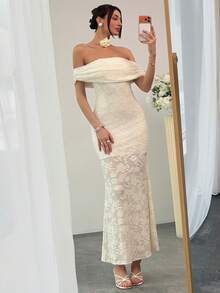 Aloruh Women's Elegant Off-Shoulder Mermaid Dress, Bohemian Style Cutout Embroidered Extra Long Solid Color Apricot Dress Off Shoulder White Dress White Mermaid Dress White Dress Sexy Long White Dress - Beige - View 5