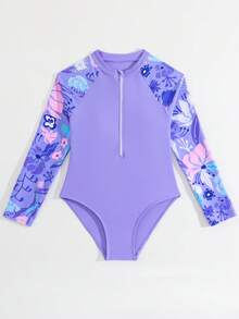 SHEIN 少女可爱海滩度假紫色拼接热带花卉印花连体泳衣 - 紫色 - 查看 7