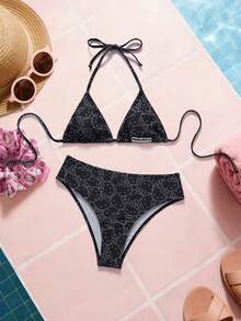 HELLO KITTY AND FRIENDS | SHEIN 女士可爱猫咪印花露背比基尼套装，夏季度假 - 黑色 - 查看 3