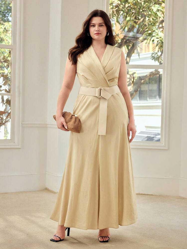 PLUS SIZE WOMEN'S COLLARED SLEEVELESS WAIST CINCHED BELTED FLARED DRESS, SPRING/SUMMER