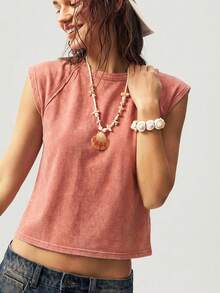 Bohemela 1 chiếc áo thun nữ cổ tròn, màu trơn, chất liệu dệt kim, dáng ôm, đã giặt. - Đỏ - Xem 7