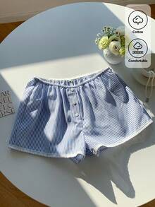 Comfortcana Quần short nữ kẻ sọc bằng vải lanh, thiết kế cài nút, dáng rộng, kiểu dáng thường ngày, màu xanh dương, hàng mới về 2026, thích hợp cho mùa xuân/hè, đi biển, nghỉ mát, dạo phố, ngày Valentine. - Màu xanh lam - Xem 4