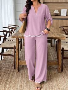 Weeklong Plus Size Women's Spring/Summer Arched Color Block Ruffle Trim 2 Pieces Set Fall - Dusty Pink - View 4