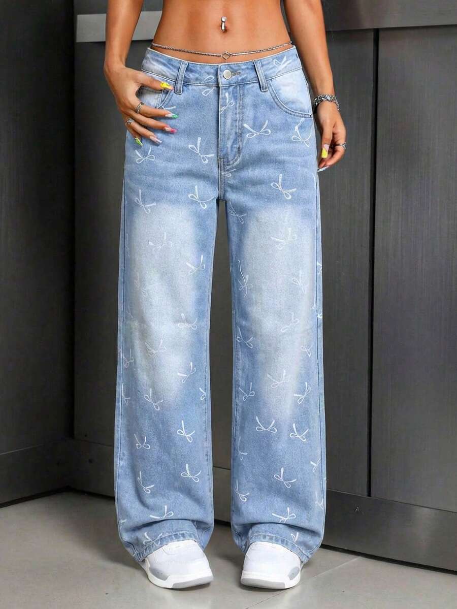 SHEIN ICON Women's Casual Washed Butterfly Print Low Waist Straight Leg Jeans - Light Wash - View 1